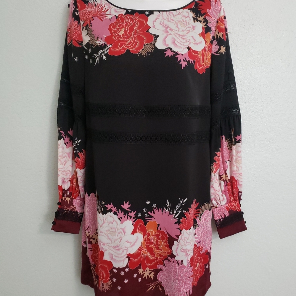 Laundry by shelli segal black dress pink and red floral sz 8